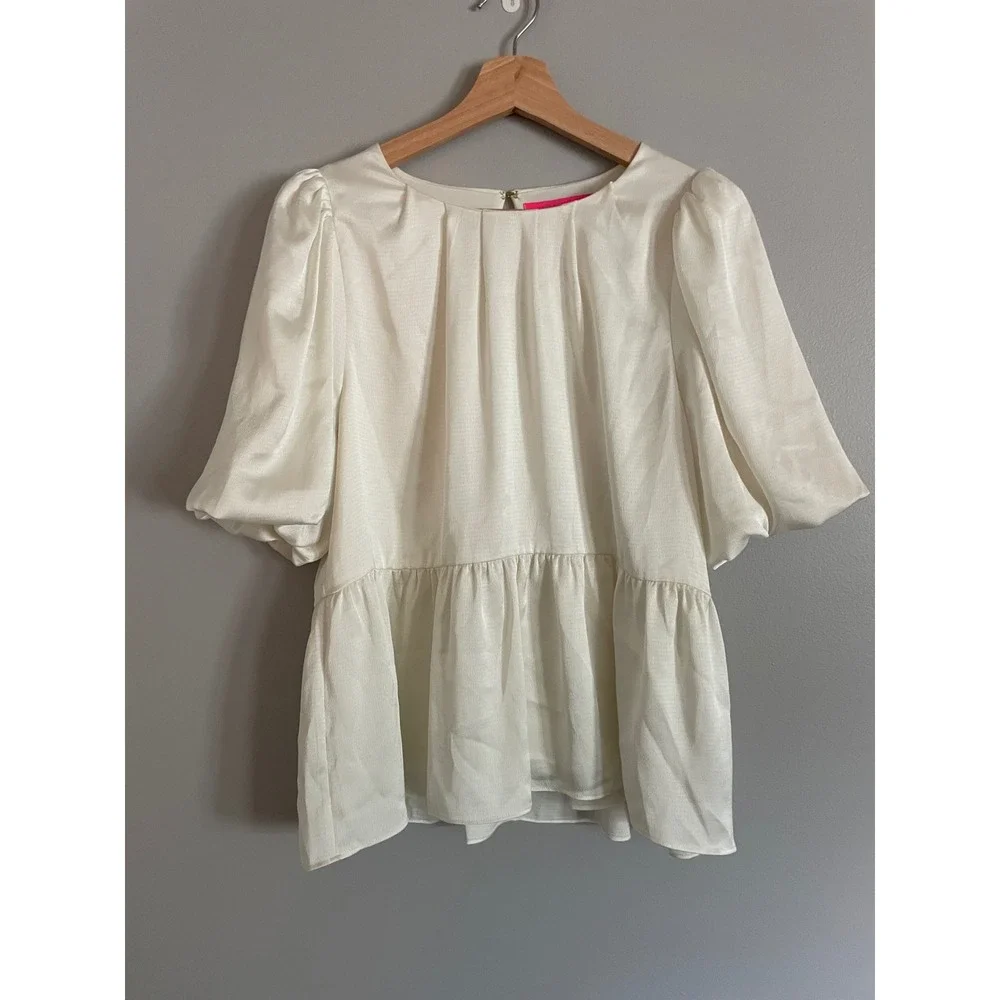 Lilly Pulitzer Peplum Blouse 10 Off White Puff Sleeve Textured Satin Preppy